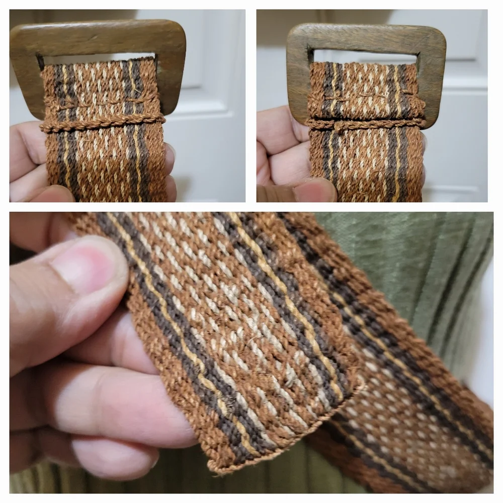 Natural Woven Stripe Pattern Natural Fiber Belt w/Wooden Buckle